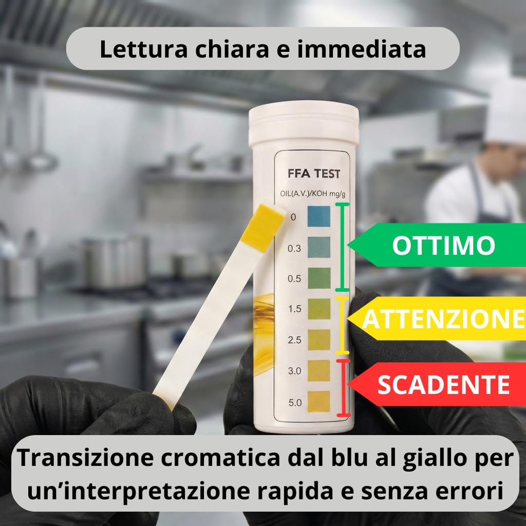 Strisce Test Olio Frittura FFA – Misuratore Acidità Olio (anche Olio di Oliva) – Controllo Qualità HACCP – 100 Strisce – Produzione Certificata ISO 9001