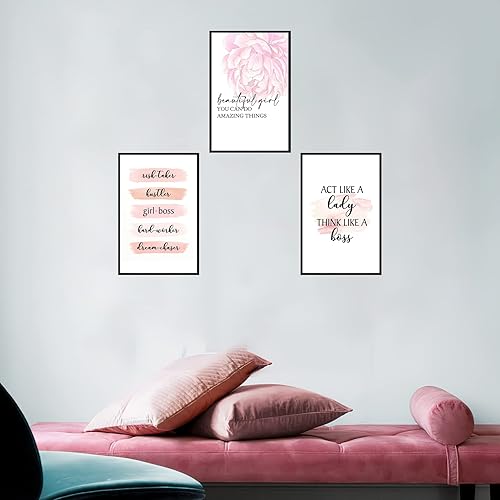 Miniatura 3 de Marco de lienzo de 3 piezas con citas inspiradoras, flores rosas, pósteres de arte de pared, impresiones de cuadros, para niñas, mujeres,