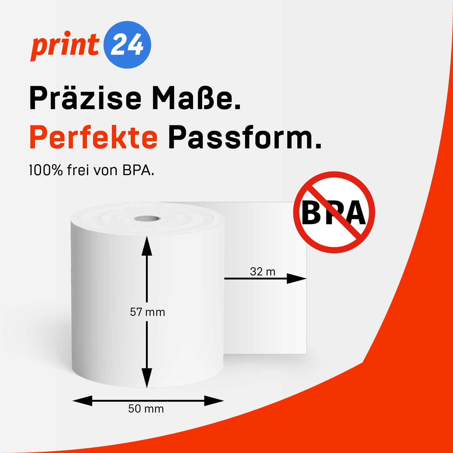 NEU: print24 Thermorollen/Kassenrollen, 100 Rollen, 57mm x 50mm x 12mm, 32m, Testsieger, PEFC zertifiziert, BPA-frei, für EPSON, IBM u.v.m
