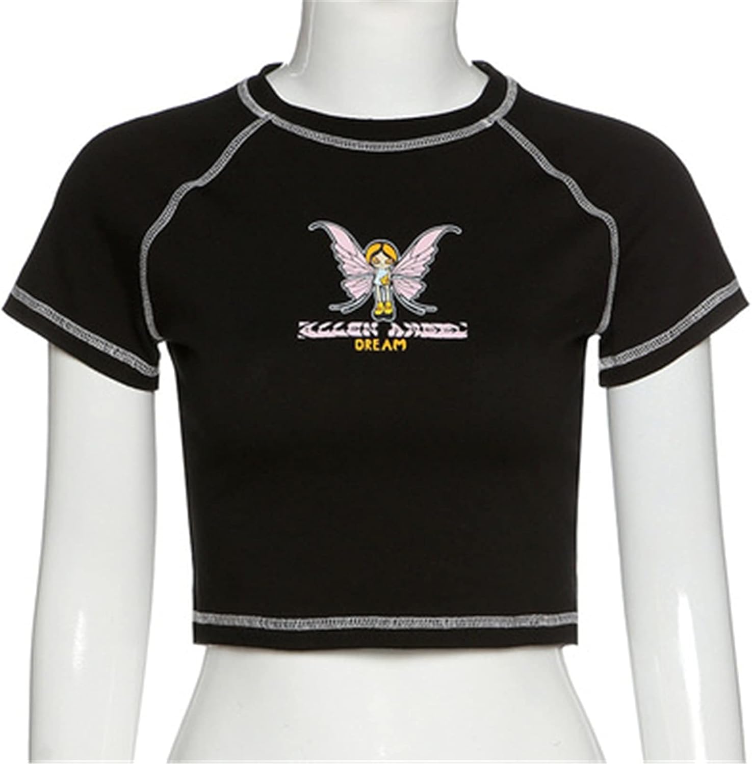 レディースショート丈半袖Tシャツ 女性用半袖トップTシャツラウンドネックストレッチプレーン 春夏 秋 (色 : Black, Siz