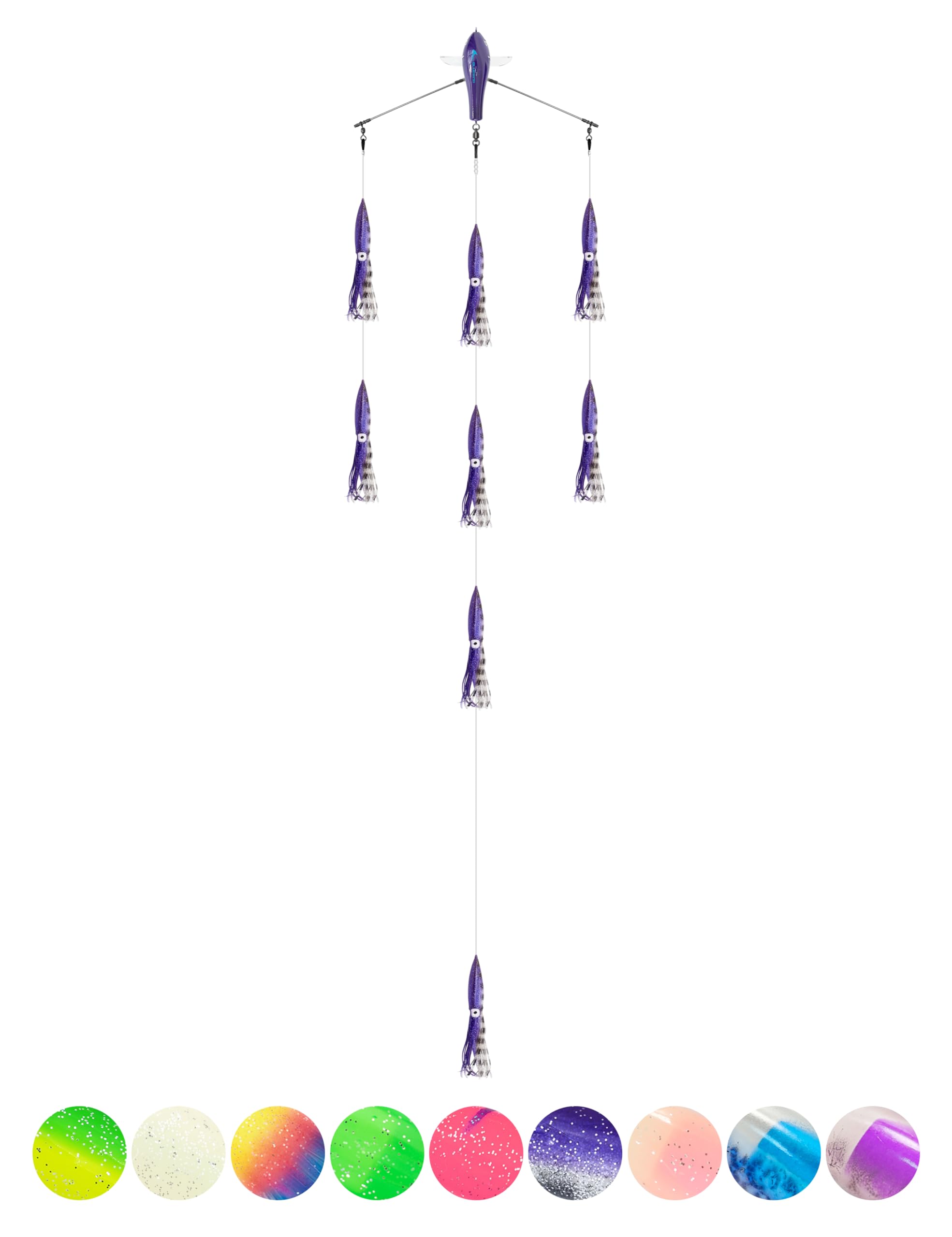 BLUEWING 18"/36" Fishing Spreader Bar Splasher/Port/Starboard Walker Offshore with 6in/9in Floating Squids, Trolling Birds and 316 Stainless Steel Rod