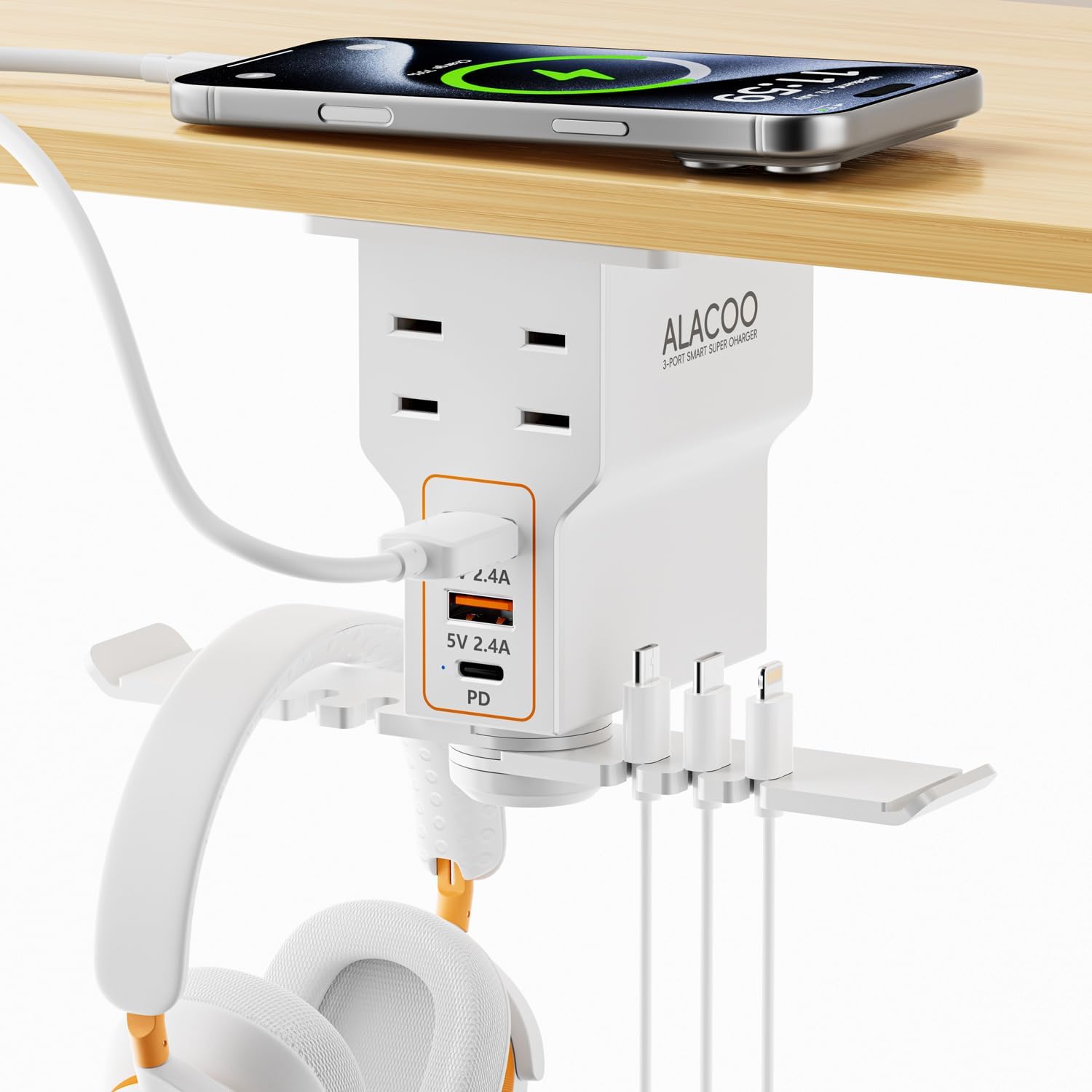 alacoo multi-function desk headphone hanger hook gaming office | 2 usb, 1 type-c, 2 ac outlets desk hook holds headsets & purses, practical accessory for gaming, office, home and great gift