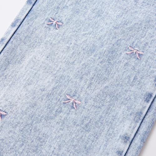 Teens Girls Bowknot Embroidery Straight Jeans Wide Leg High Waist Washed Denim Pants Baggy Comfy Casual Loose Trousers2