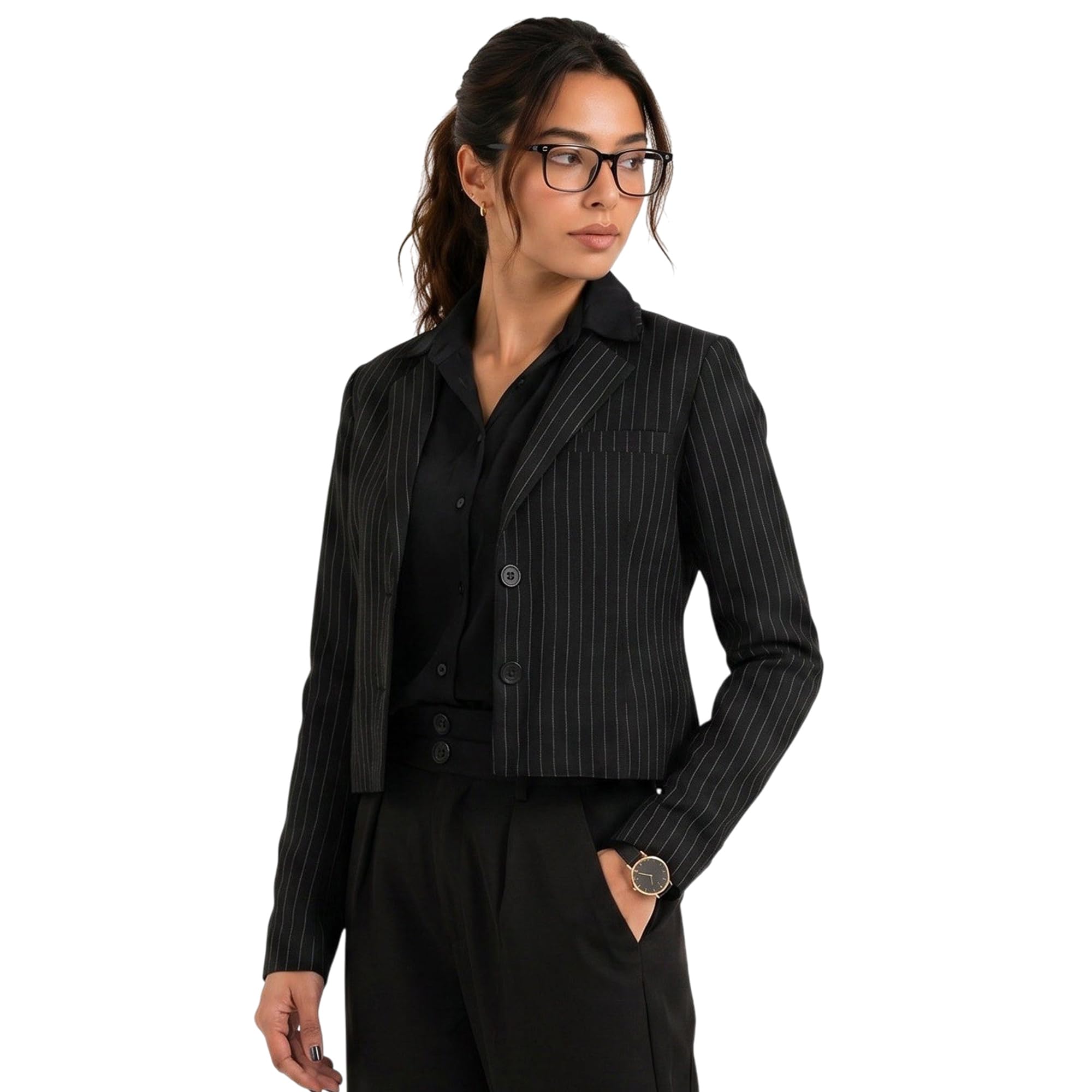 BOSSBELA Women Black Striped Single-Breasted Short Casual Blazer | Notched Lapel | Western Workwear Jacket-image-29