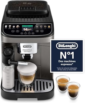 De’Longhi Magnifica Evo Next – Perfetto Machine à Café Automatique avec LatteCrema Mousseur à Lait Automatique, 13 Boissons en une Seule Touche, Écran Tactile Couleurs, Titane et Noir (ECAM312.80.TB)