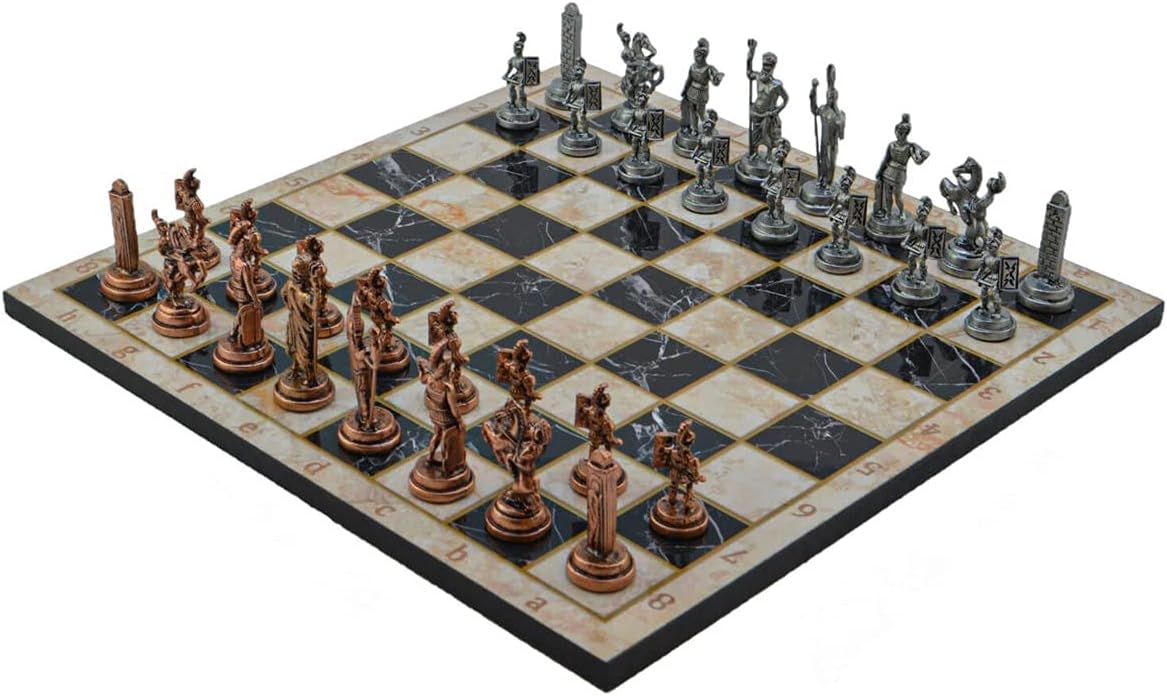 Metal Chess Set for Adults Greek Zeus Antique Copper Figures,Handmade Pieces and Different Design Wooden Chess Board (Bej)