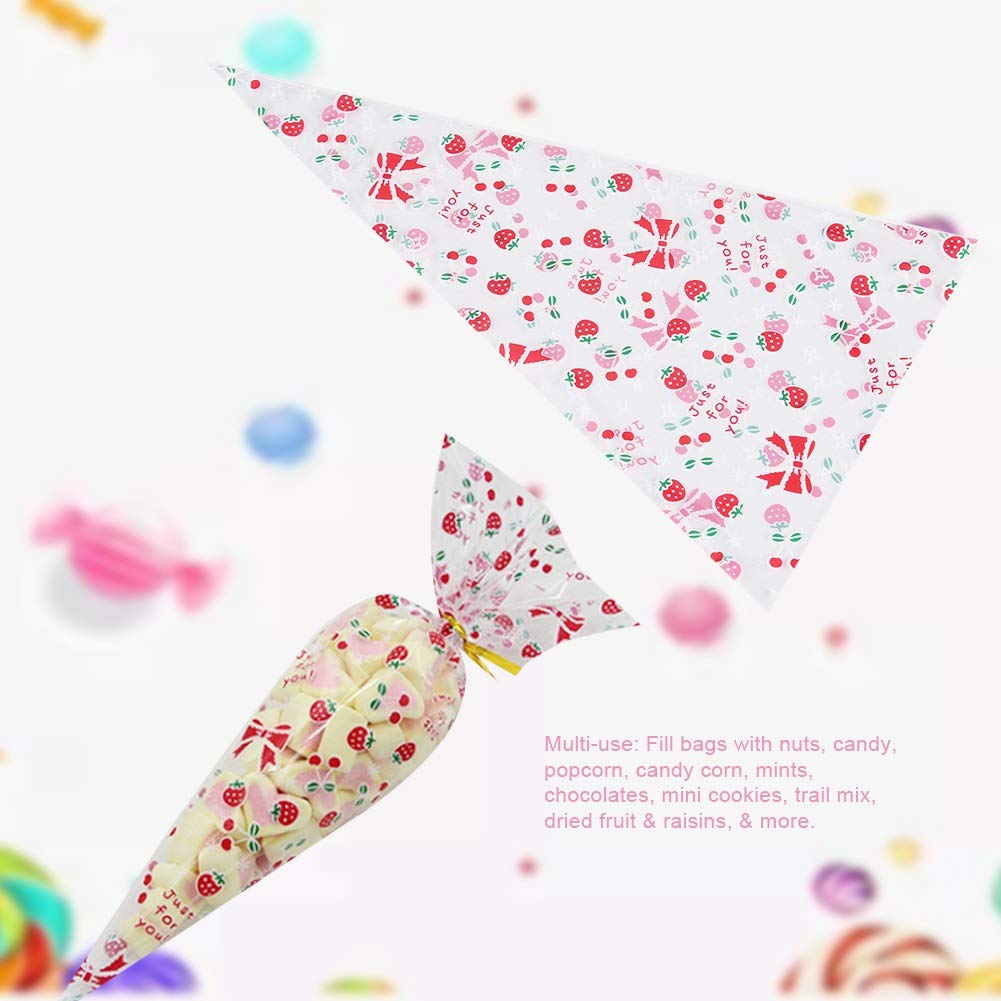 Nikou 50PCS Sweet Cone Bags, Cellophane Sweet Bags Clear Cone Shaped Treat Popcorn Bags Party Gift Bags with Cherry Twist Tie - Image 2