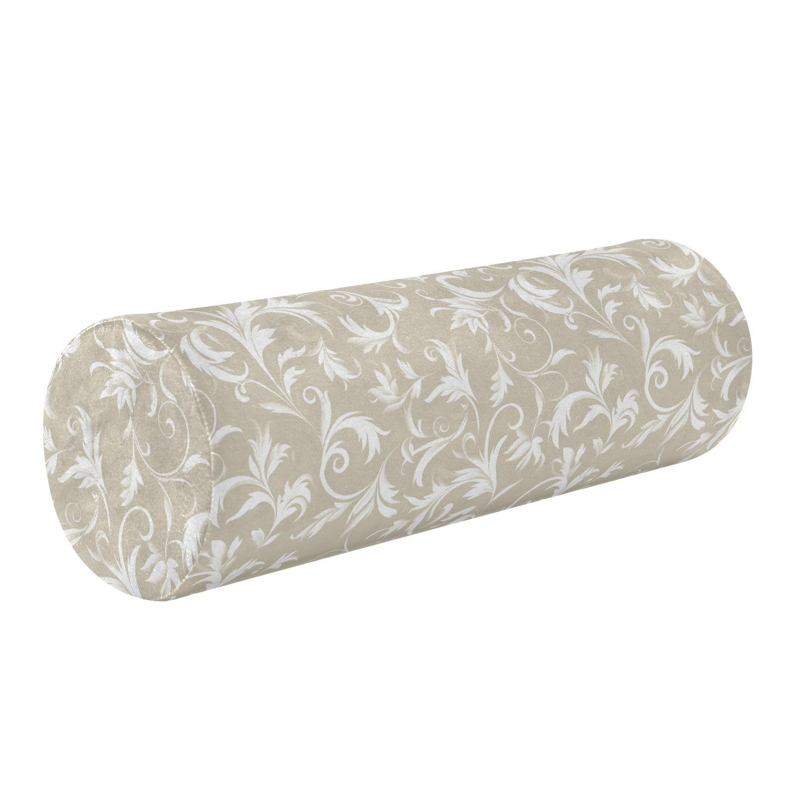 Yoogain Beige White Elegant Floral Swirls Bolster Pillow Cotton Neck Roll Pillow Case Cover Round Pillow Kids Cylinder Pillows for Bed Lumbar Support Pillow for Couch