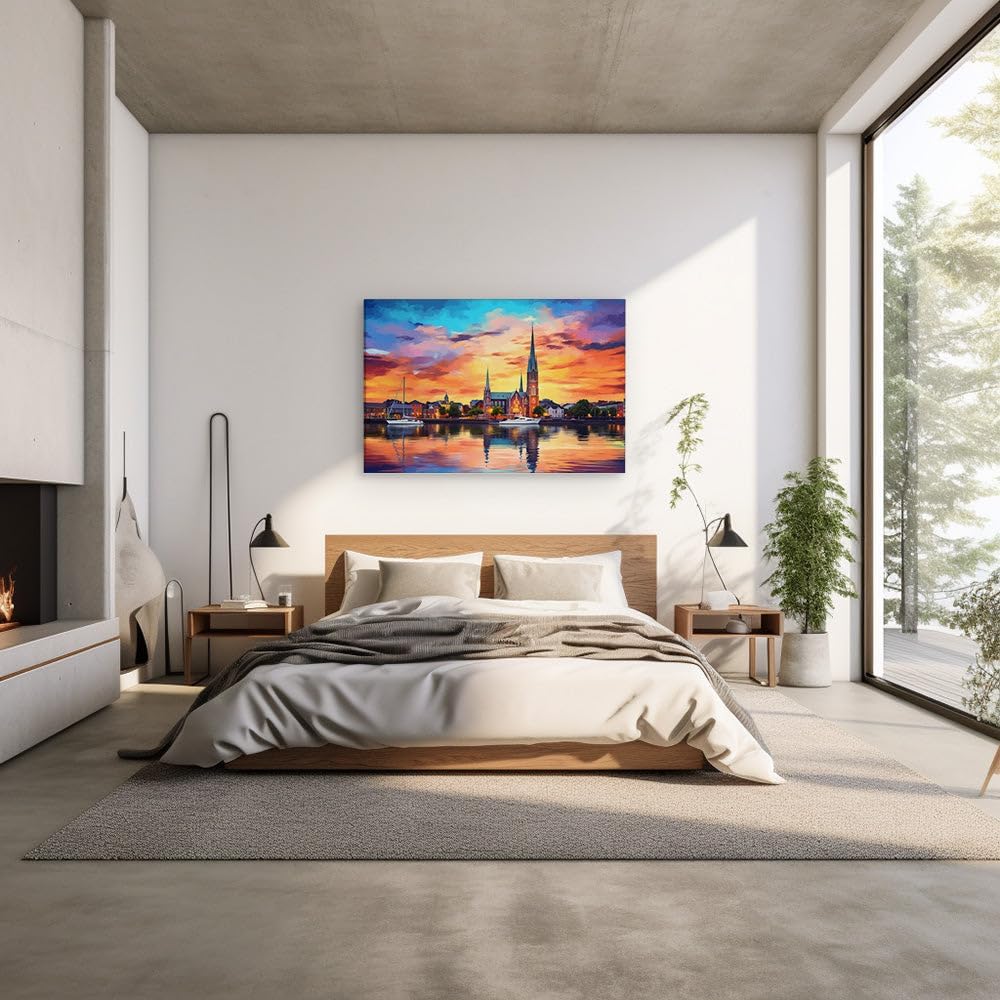 Canvas for Living room. Sunset Serenity: A Riveting European Cityscape Captured on Canvas, 27 x 18 inch Canvas Wall Art - Ready to Hang