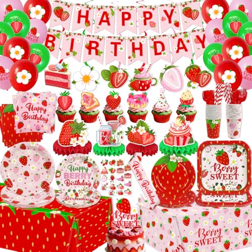 223Pcs Strawberry Birthday Decorations Pink Berry Plates and Napkins Happy Birthday Banner Berry Sweet Tablecloth Honeycomb Cake Topper Hanging Swirls for Strawberry Party Decorations Serve 26