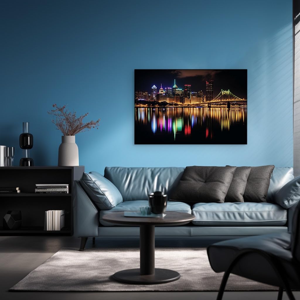 Canvas for Living room. Pittsburgh's Nocturnal Magic Glimmering Elegantly Across the Water, 27 x 18 inch Canvas Wall Art - Ready to Hang