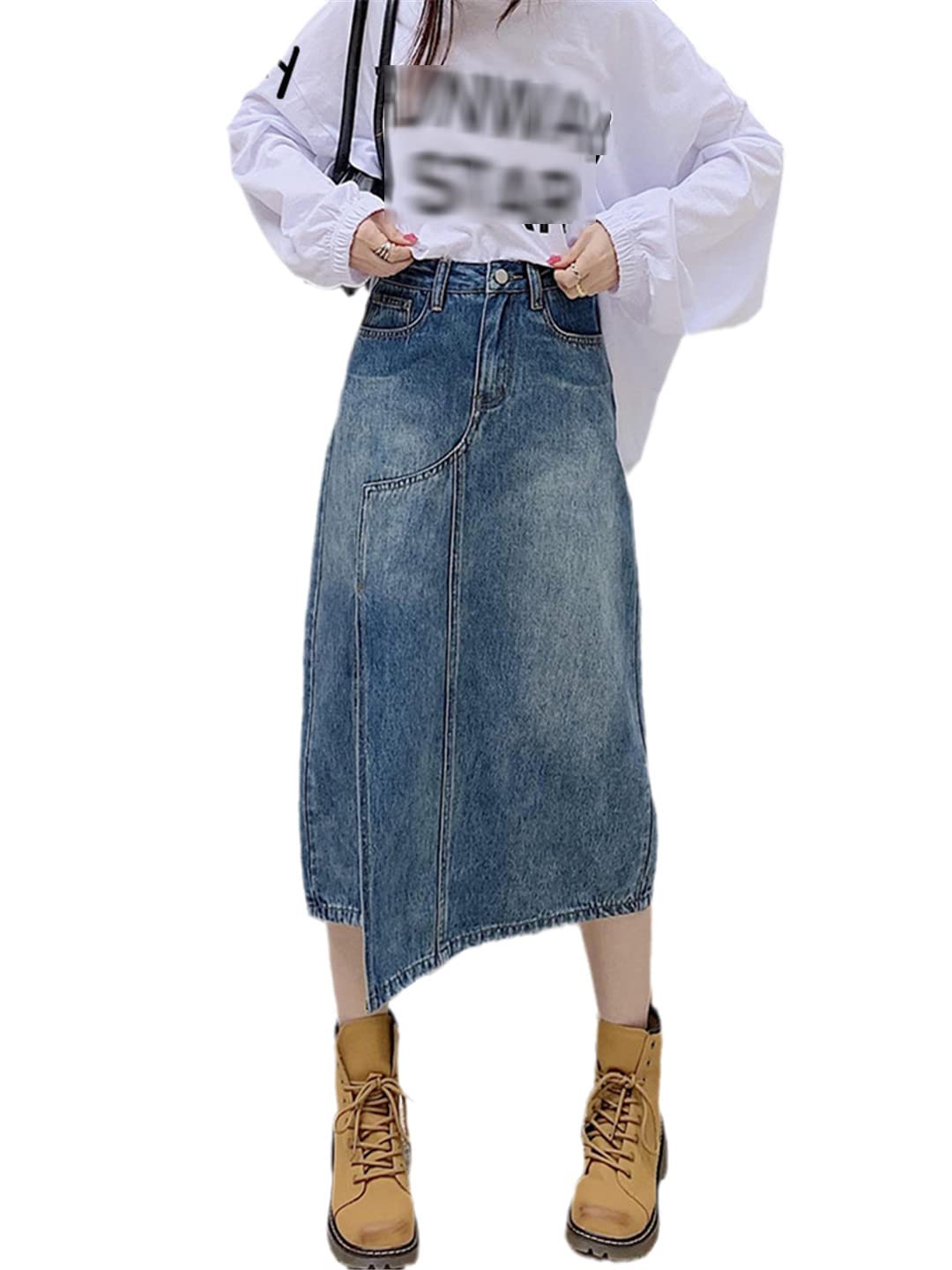 PYTRXGBO Gonna in denim a vita alta con bottoni asimmetrica a vita alta da donna, Blu, M