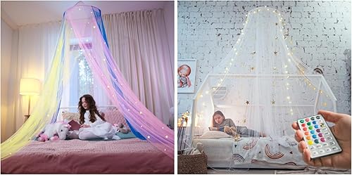Bollepo Toldo de cama de arcoíris y LED para niñas con estrellas brillantes – Decoración de habitación de red de cuna de princesa | Cortinas de cama