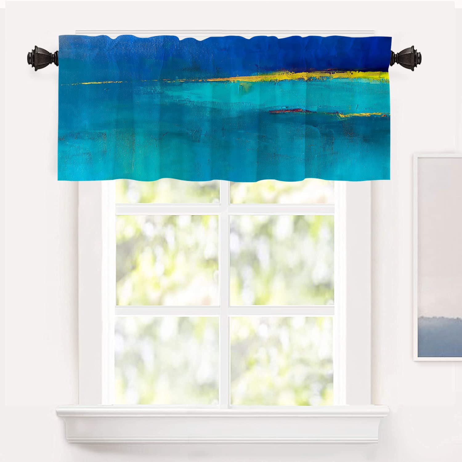 Shrahala Blue Green Modern Oil Paint Kitchen Valances, Abstract Half Window Curtain Window Treatment Multilayer Polyester Blackout for Living Room Bathroom 52 x 18 in — image 1