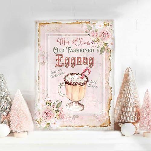 Letrero de metal rosa con diseño de ponche de huevo de Navidad, decoración de pared, póster de vacaciones, decoración, letrero de fiesta, barra de