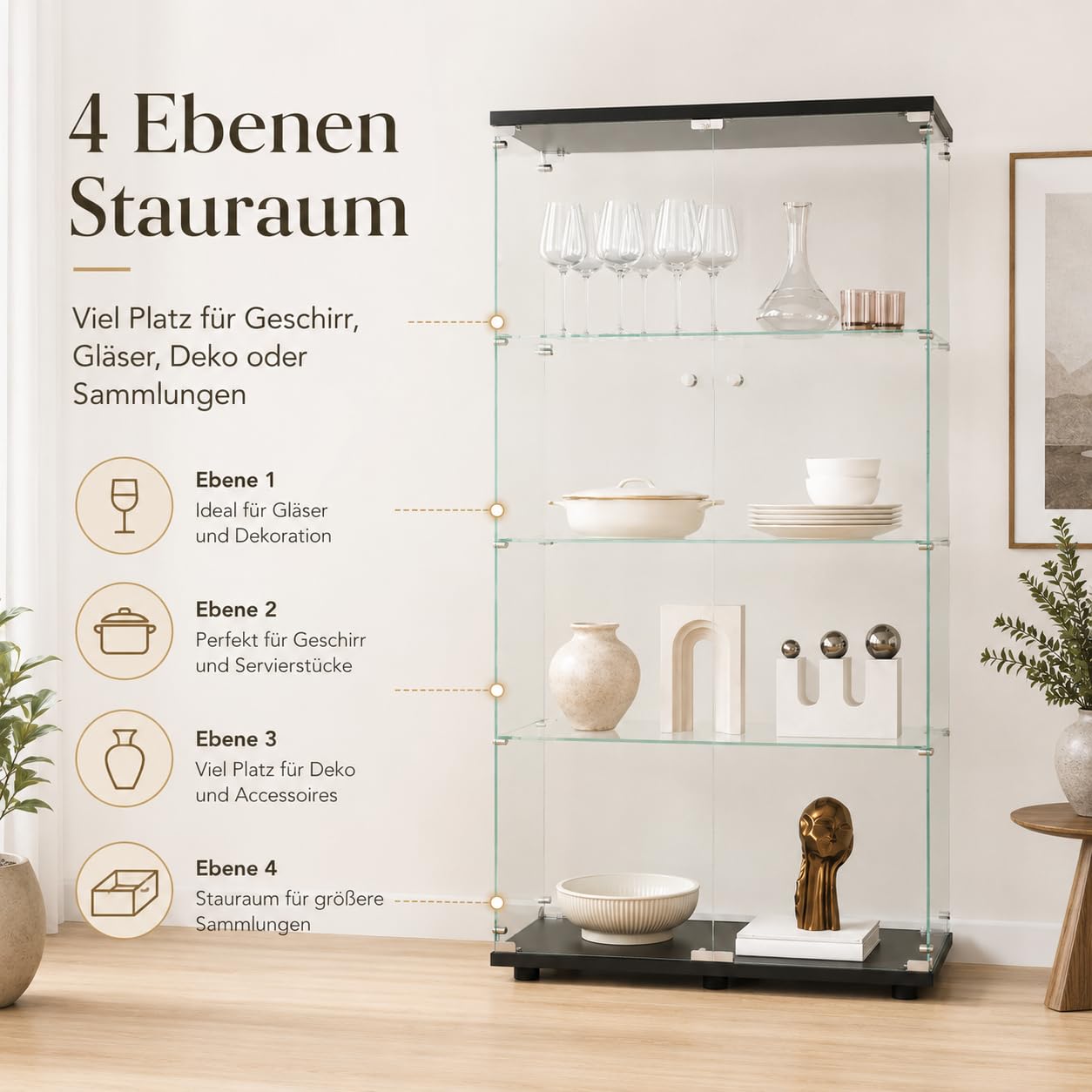 Vitrina de cristal con 4 estantes con puertas dobles, vidrio templado, armario Curio con cerradura, vitrina de colección, estantería de pie para sala de estar o dormitorio (negro sin luz)