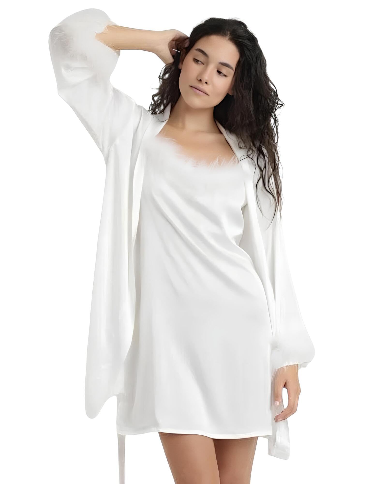 ADMAS Vestaglia Donna Sposa in Raso Satinato con Piume Removibili ai Polsi – Kimono Elegante con Cintura
