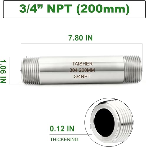 Miniatura 29 de TAISHER 2 accesorios de tubería de acero inoxidable, 1/2 "NPT x 1/2" NPT macho roscado, tubo fundido de pezón de 6 pulgadas de longitud 1.969 in