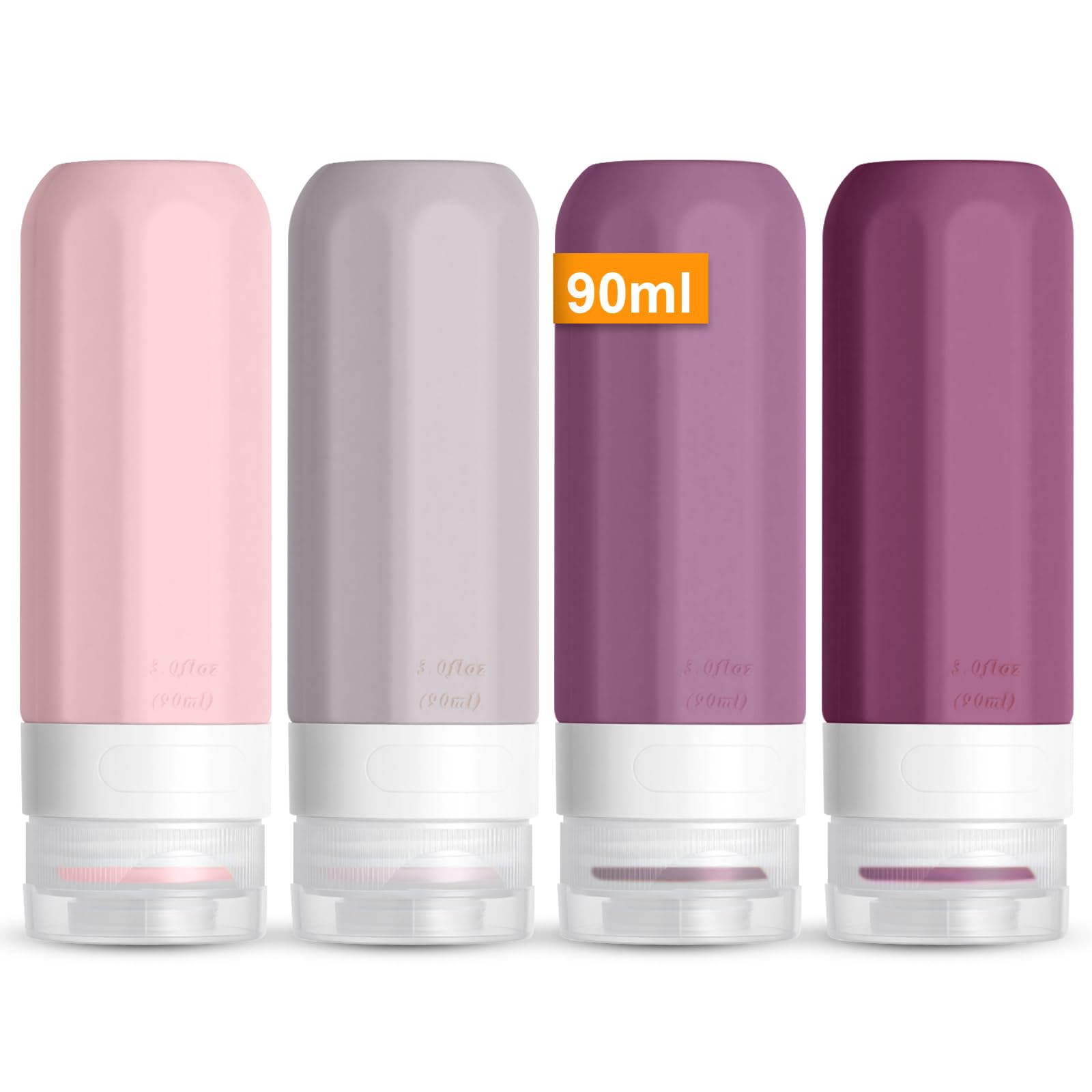 OSDUE 4 Stück Silikon Reiseflaschen Set, Reiseflaschen zum Befüllen Set Travel Bottles für Shampoo, Lotion, Spülung, Duschgel, Reise Shampoo Behälter BPA-frei Praktisches(90ML)