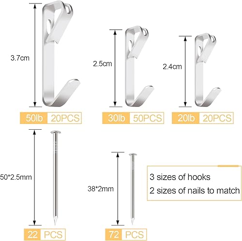 Miniatura 2 de Kit de 184 piezas para colgar cuadros, 20 libras, 30 libras y 50 libras, ganchos metálicos para colgar cuadros con clavos, en paneles de yeso, pared