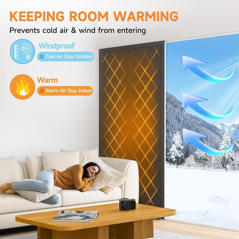 冬用磁気断熱ドアカーテン ドアサイズ32インチ x 80インチ、一時的な断熱ドアカバー、厚手の綿、窓断熱キット スライドガラスの出入