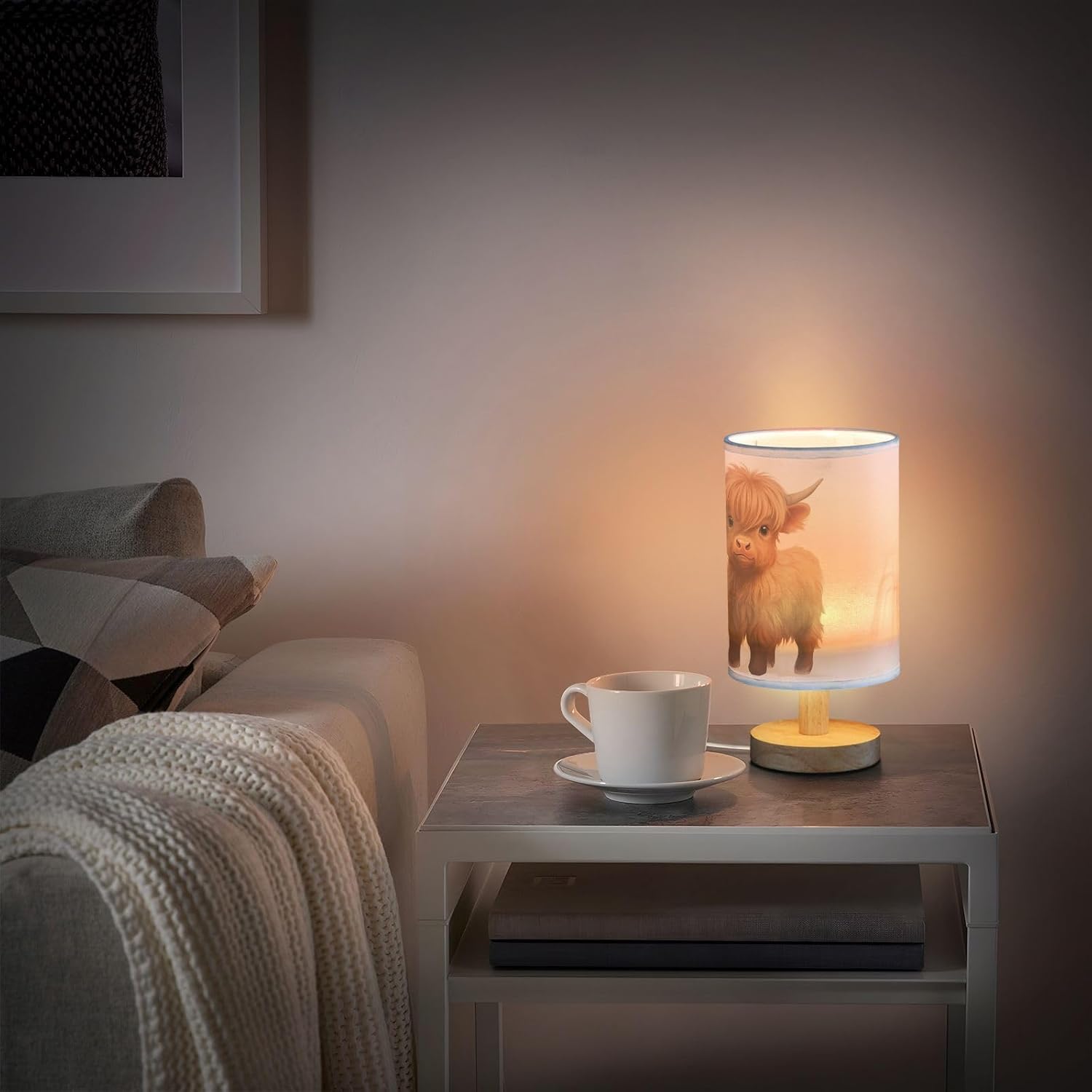 Bedside Table Lamp Cute Highland Cow Animal Nightstand Lamp with Wood Desk Lamps for Bedroom Living Room Nursery Office Home Decor