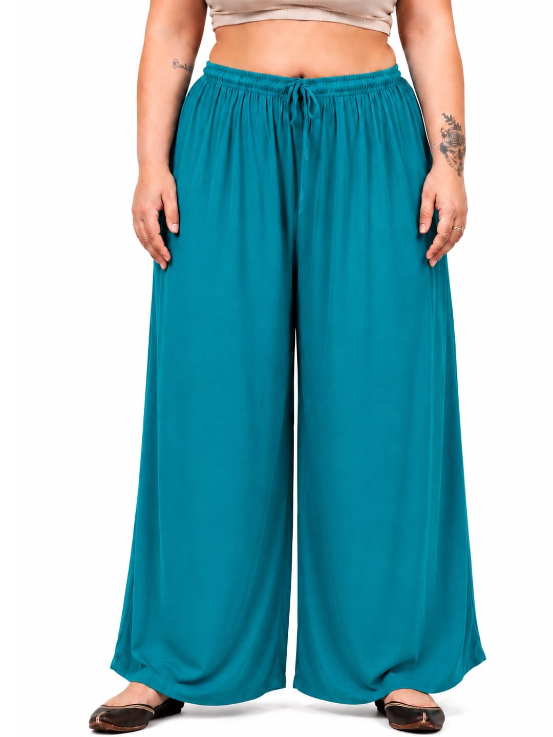 Women's Plus Size Rayon Palazzo Pants | Solid Full Length Elastic Waist Wide Leg Palazzo | Casual Bottom |-image-11