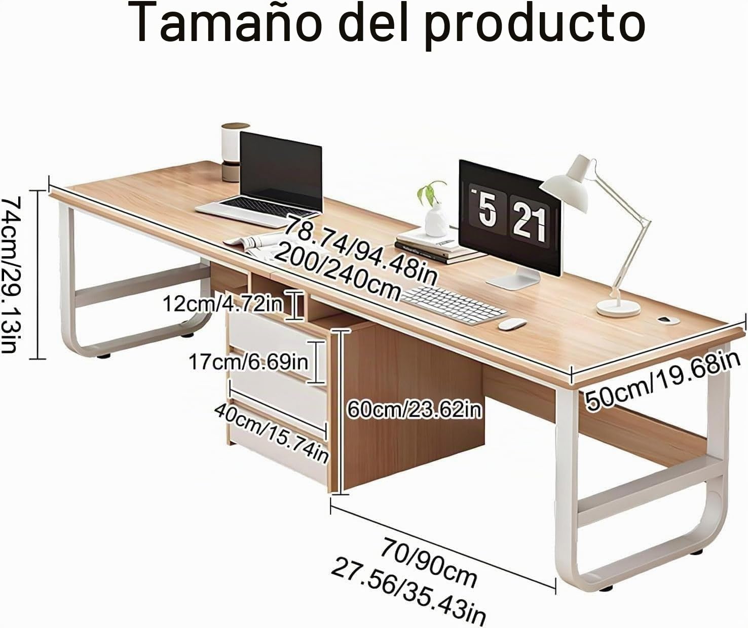 Escritorio doble, escritorio de computadora, escritorio doble con 3 cajones de documentos, escritorio de madera moderno y grande, adecuado para uso doméstico y de oficina C,240CM