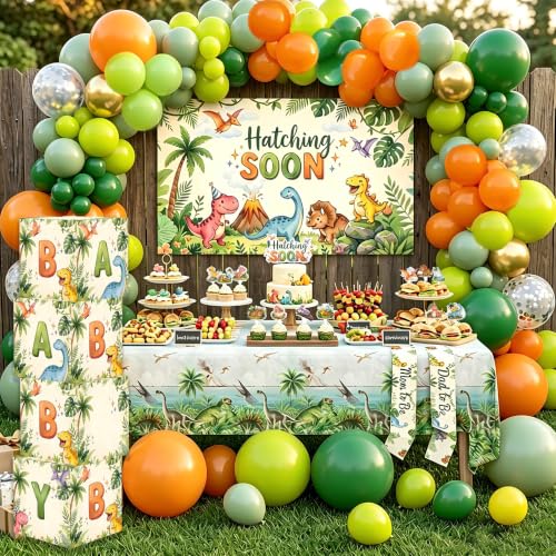 Dinosaur Baby Shower Decorations 145PCS Hatching Soon Baby Shower Decorations with Dinosaur Backdrop Tablecloth Cake Toppers Balloons Sash Boxes Dino Theme Party Decor