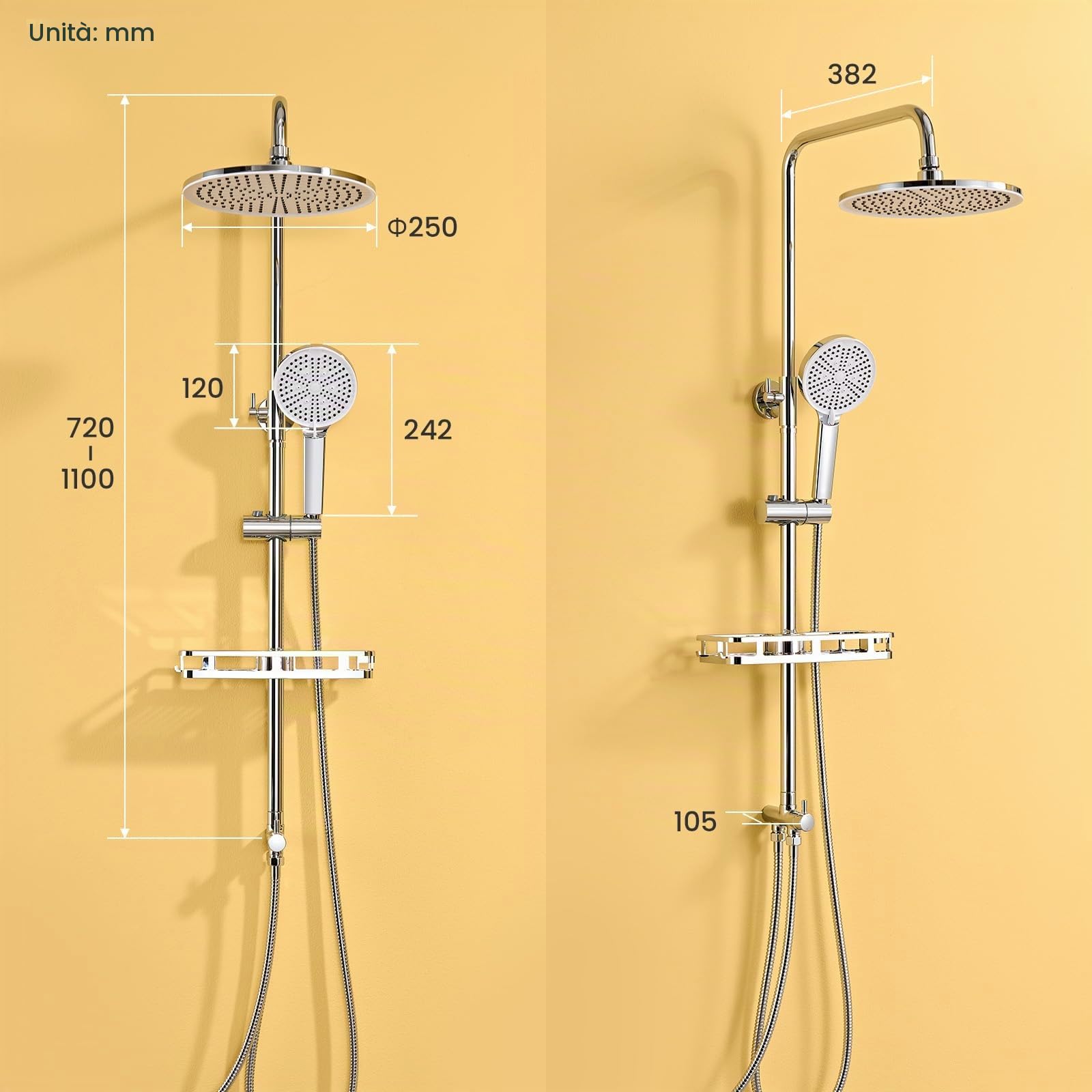 Auralum Colonna Doccia con Mensola Doccia e Soffione Doccia Rotonda 25cm, Colonna Doccia Senza Miscelatore Fori Muro Regolabili, Asta Doccia con Soffione e Doccetta Altezza Regolabile 72-110cm, Cromo