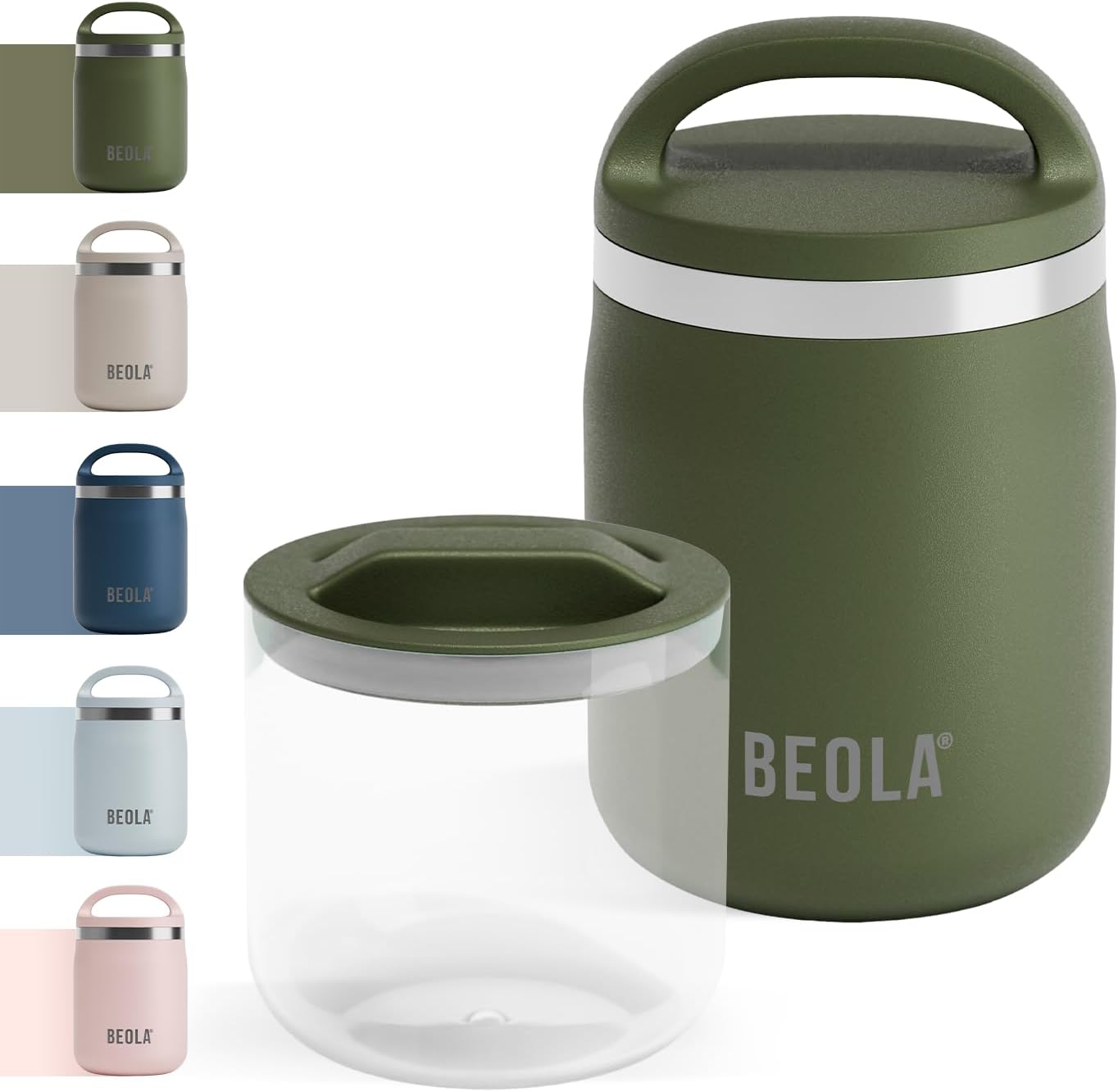 BEOLA 600ml Food Jar Lunch Box Food Thermos Stainless Steel Double Wall Insulated Travel Food Flask with Snack Tritan Container for Kids, Adults, 20oz (Forest Green)