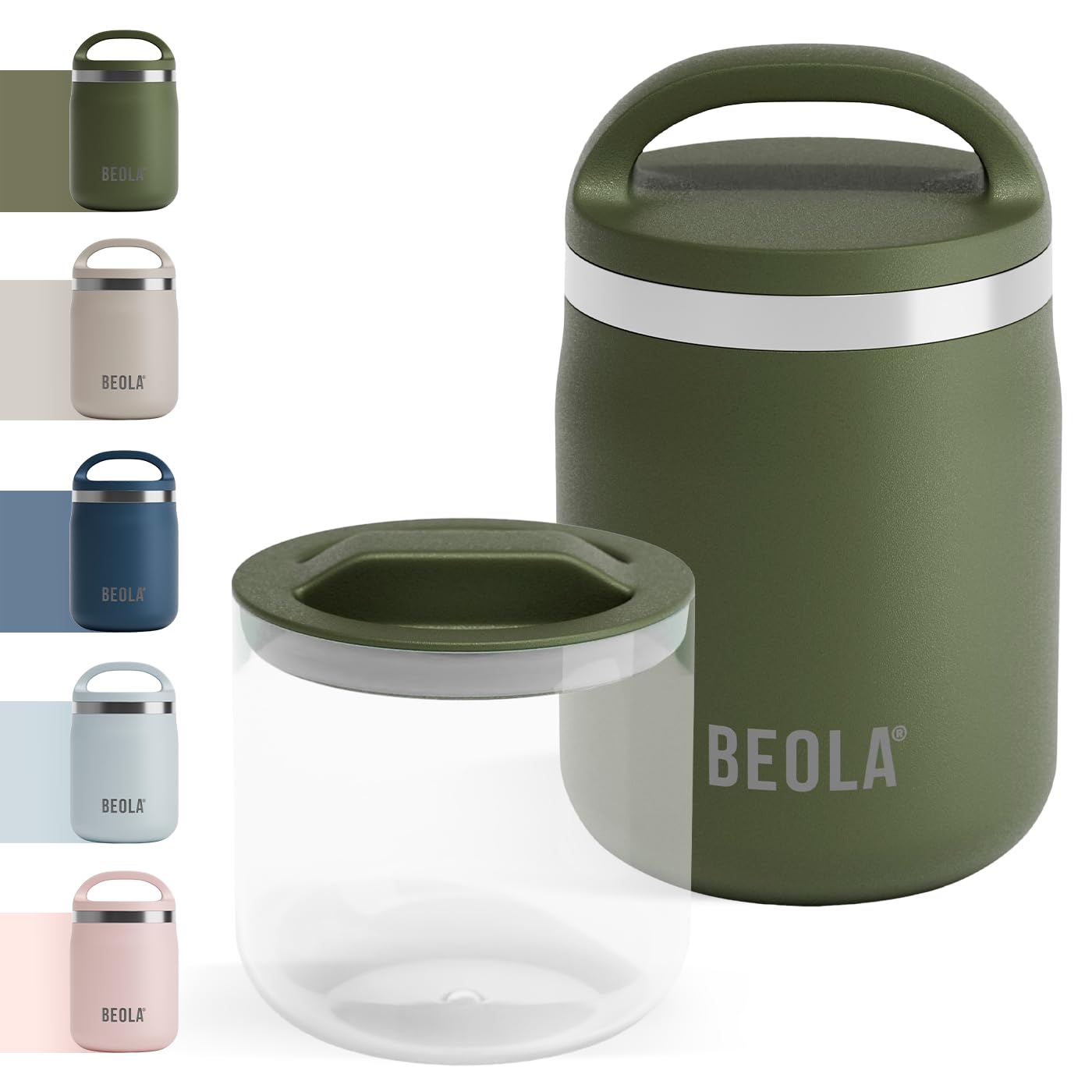 BEOLA 600ml Food Jar Lunch Box Food Thermos Stainless Steel Double Wall Insulated Travel Food Flask with Snack Tritan Container for Kids, Adults, 20oz (Forest Green)