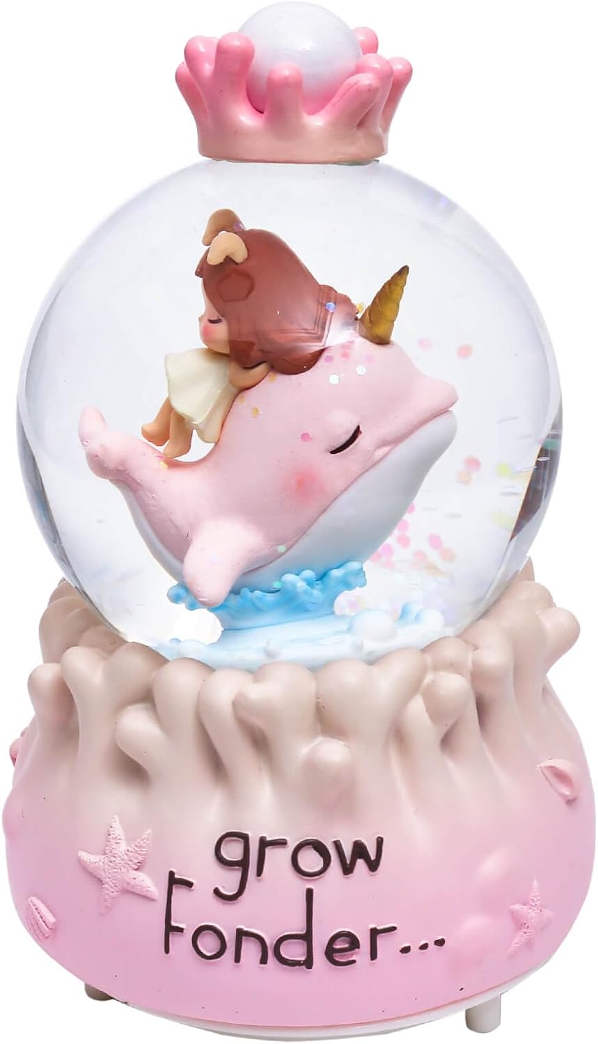 Snow Globe with Light for Christmas & Birthday Gift, 80mm Crystal Musical Glitter Glass Water Ball Decoration, Whale & Girl - Pink Snowglobe, 3.5" x 3.5" x 5"