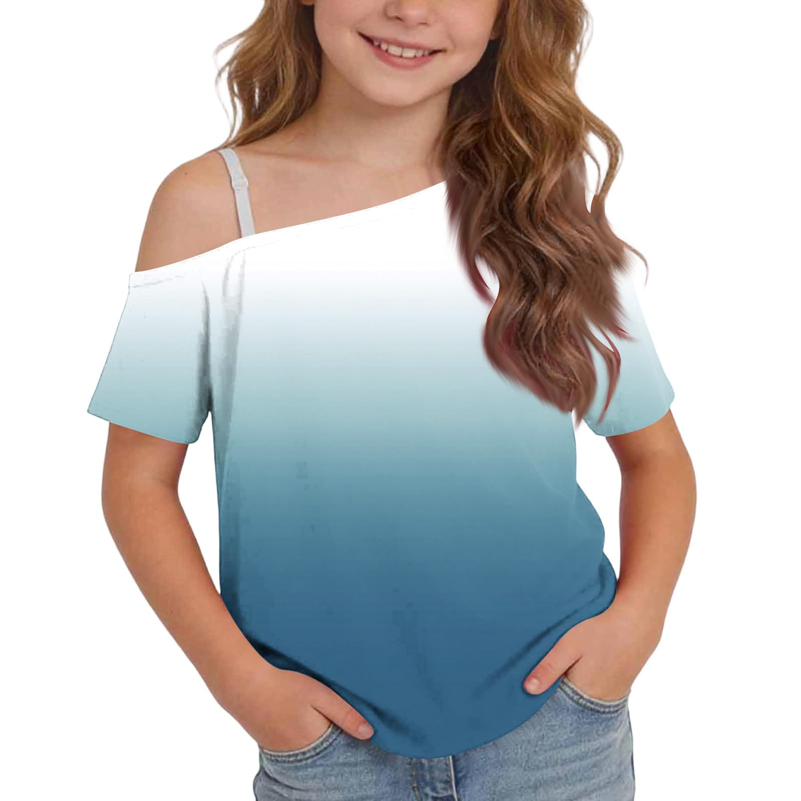 Camisetas de manga corta con hombros descubiertos para niñas, adolescentes, elegantes, transpirables, para la escuela, básicas, de un hombro, holgadas, informales, invitadas de boda, 5-14 años, Reino