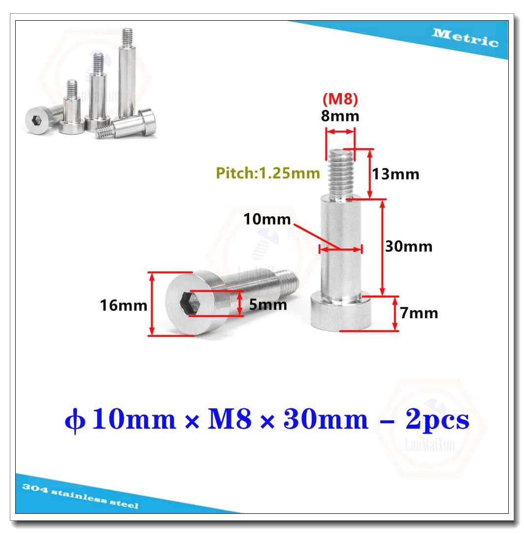 φ10mm×M8×30mm-2 pezzi116 / 5,000 翻译结果 Bulloni con esagono incassato in acciaio inossidabile 304,10mm Diametro spalla,30mm di lunghezza della spalla, dimensione del filoM8-1.25mm