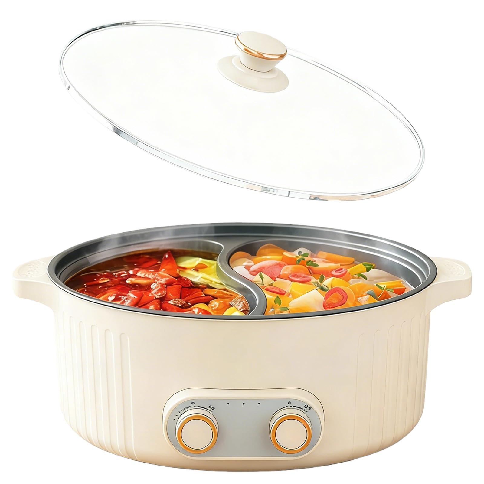 Hotpot elektryczny garnek 5 l, 2000 W, przenośna, wielofunkcyjna, nieprzywierająca patelnia z szybkim ogrzewaniem i podwójnym pokrętłem, do mieszkania, na kemping, 2 poziomy regulacji temperatury