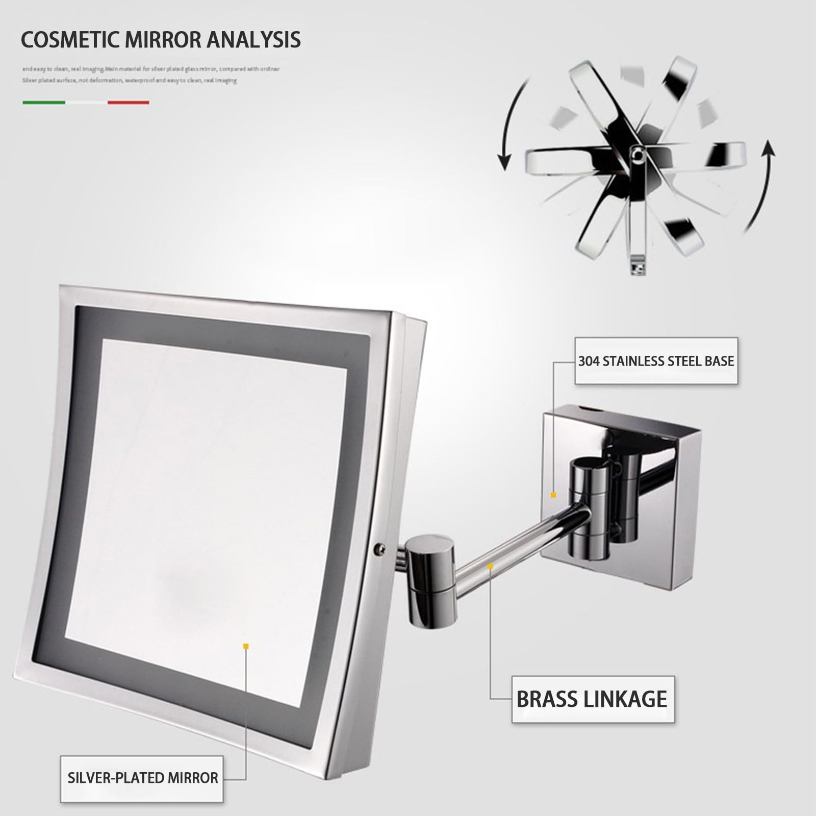 BIJOOT Miroir De Maquillage LED Carré Montage Mural Salle De Bain Miroir De Beauté Pliant Miroir Grossissant Double Face (Installation Dissimulée),Chrome,5X