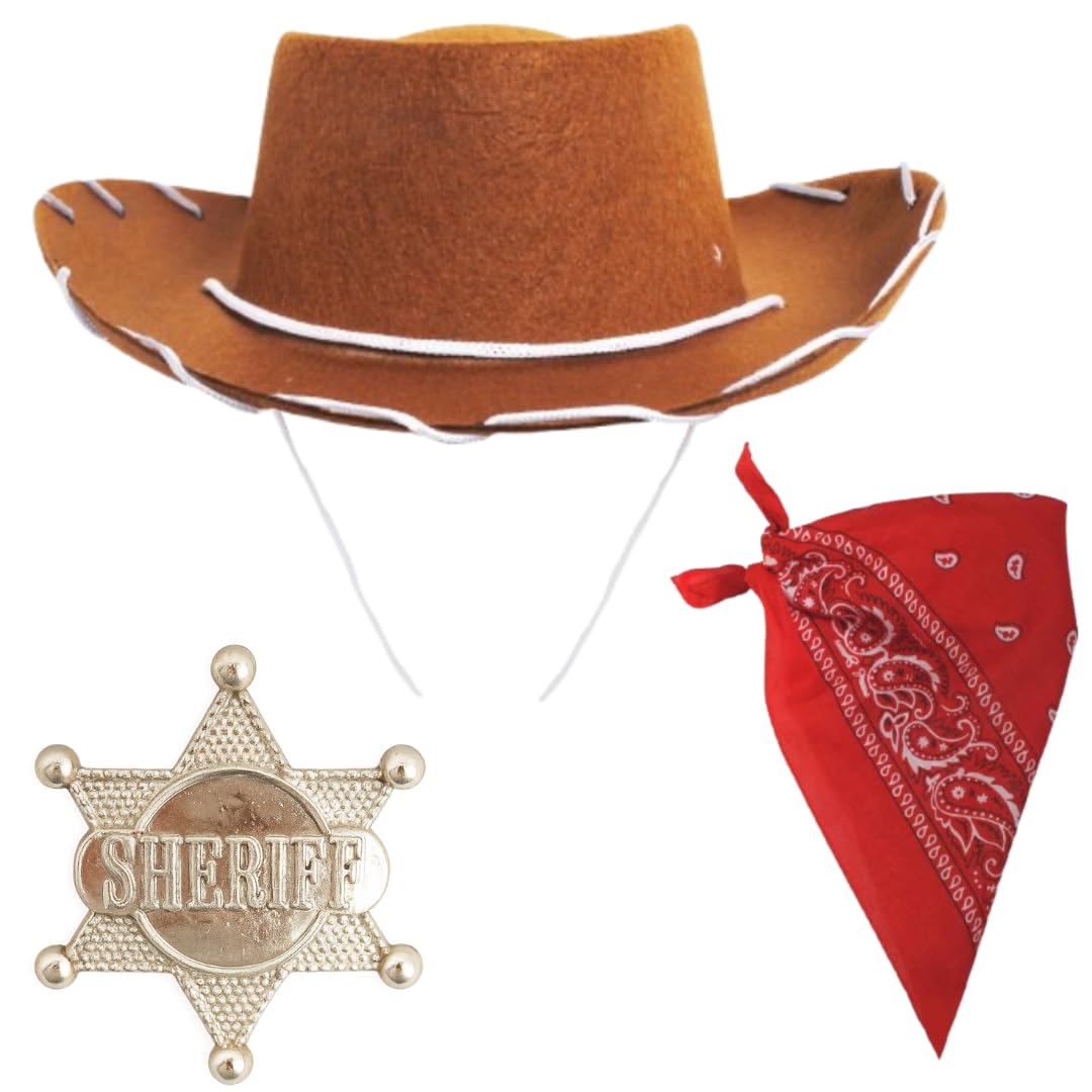 Childs Cowboy Costume – Red Bandana, Sheriff Badge, Brown Cowboy Hat – Dress-Up for Kids Halloween, Parties, and Themed Events