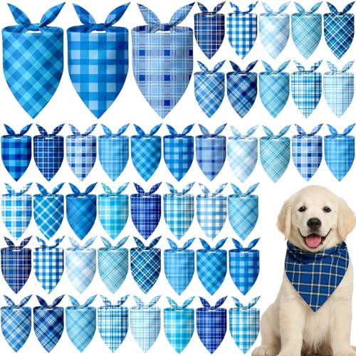 Abbylike 50 Pcs Winter Plaid Dog Bandanas Bulk Blue Bandanas for Dogs Triangle Kerchief Bibs Scarf Set for Pet Winter Costume Photo Props Accessories Pet Shops (25.6 x 17.7 x 17.7 Inch)
