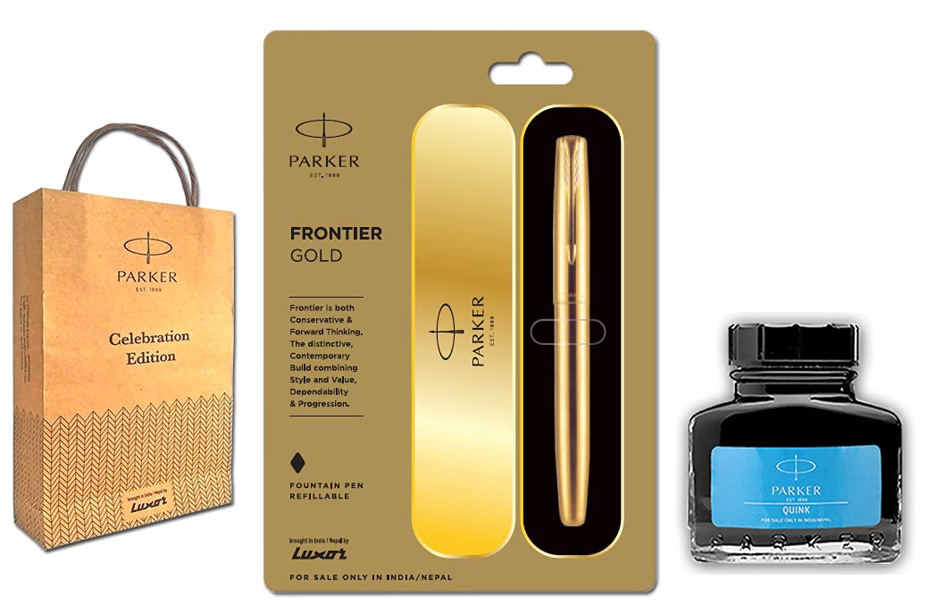 Parker(luxar) Frontier Gold Fountain Pen with Blue Ink Bottle Amazon