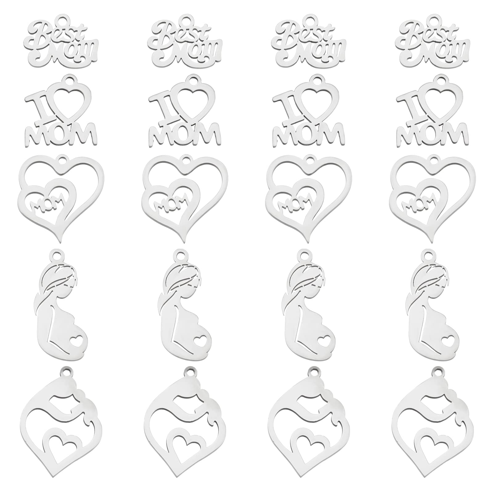 PH PandaHall 20pcs 5 Style Mom Charm Pendants, Stainless Steel Best Mom I Love Mom Heart Mom Pendants Letter Charms for Mother's Day Birthday Earring Necklace Bracelet Jewelry Making
