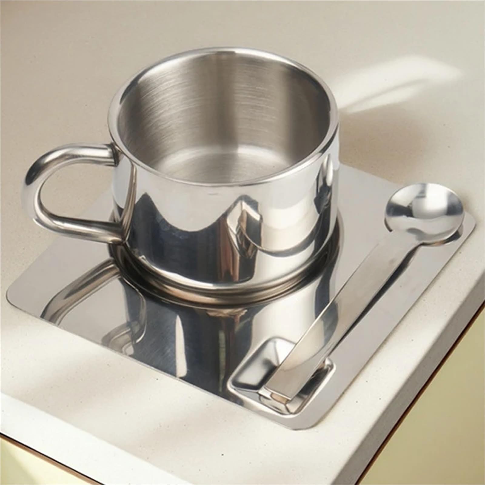Juego de tazas café acero inoxidable 304, taza Simple, leche resistente al calor con platillo, cuchara, vajilla, 175ML Para café y bebidas