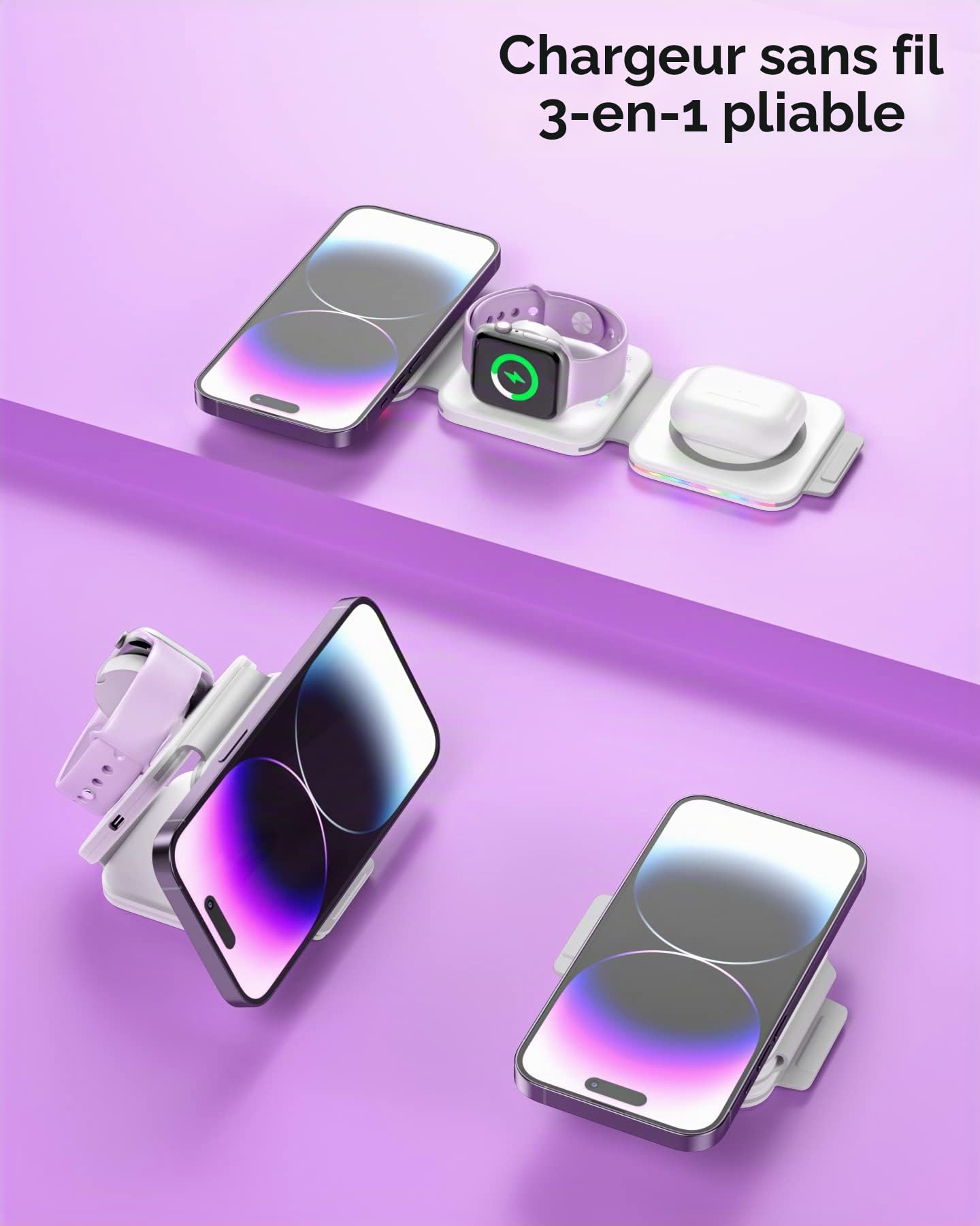 Station de Charge sans Fil 3 en 1,Magnétique Chargeur Pliable Portable Lumière colorée Pad de Charge Rapide Compatible avec i.Phone 14/13/12/11/XR/XS/8 Série,S22/21/20, iWatch/AirPods (Blanc)