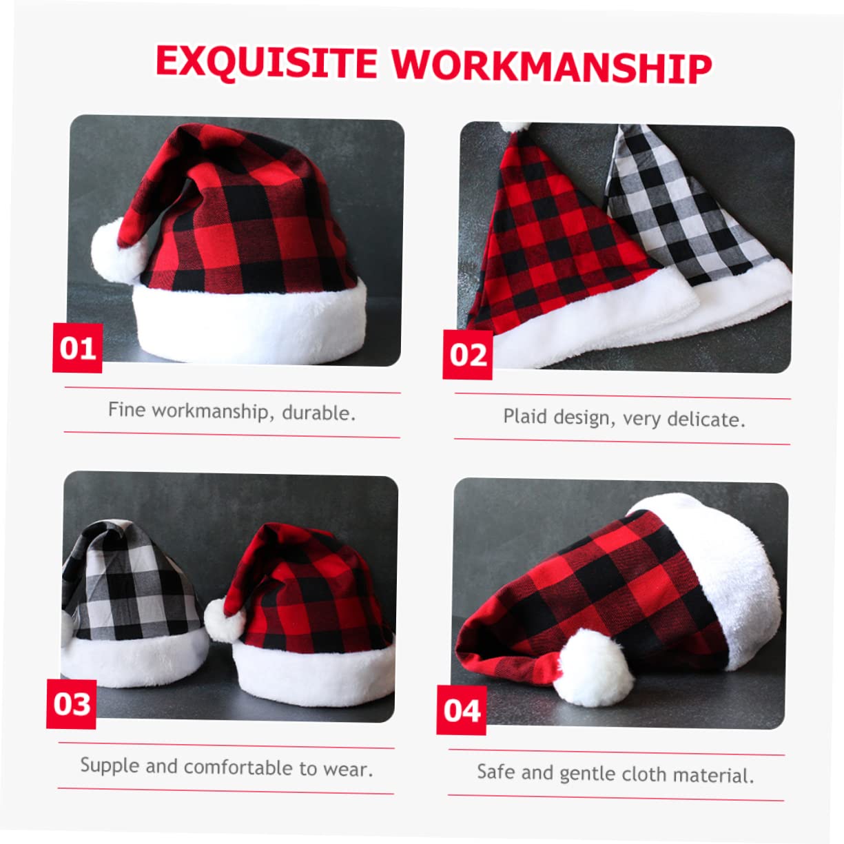 Cabilock 4 Piezas Gorro de Papá Noel a cuadros gorros navideños christmas hat decoración de navidad sombrero de fiesta de papa noel sombrero de Santa gorro de papá noel para hombre paño