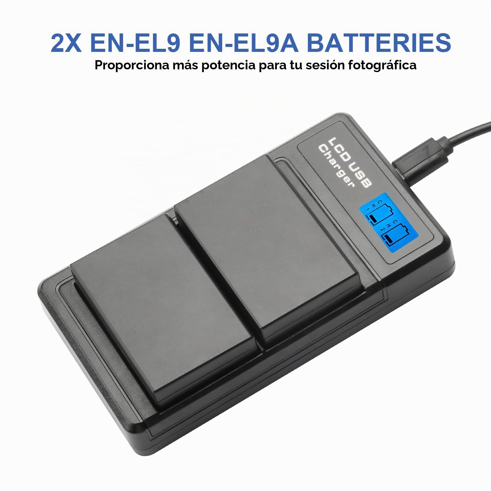 2 X EN-EL9 EN-EL9A Batería de Repuesto y LCD Cargador Dual Compatible con Nikon D40 D40x D60 D3000 D5000 Cameras