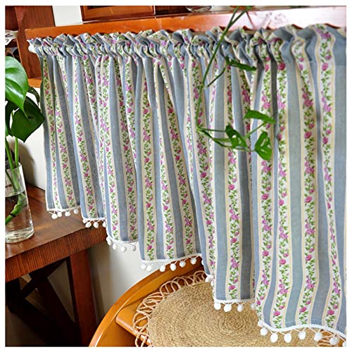 TAEOVXD Cenefa de Cocina con Rayas Azules y Rosas para Ventanas, Cenefa de Cortina con Bolsillo para Varilla de algodón rústico Estilo Pastoral para baño y Dormitorio