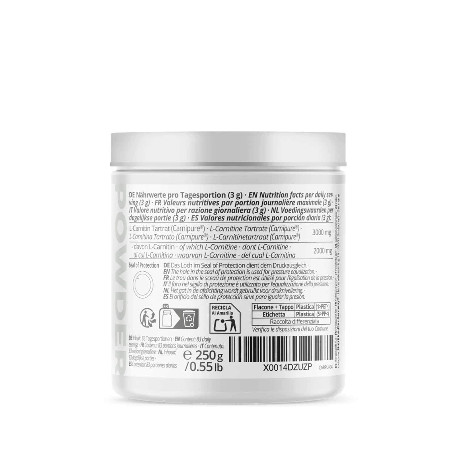 nutri + L-carnitina in Polvere - 100% Carnitina Tartrato vegan Pure Powder 250 g - 3000mg per Porzione - Acido tartarico senza Additivi