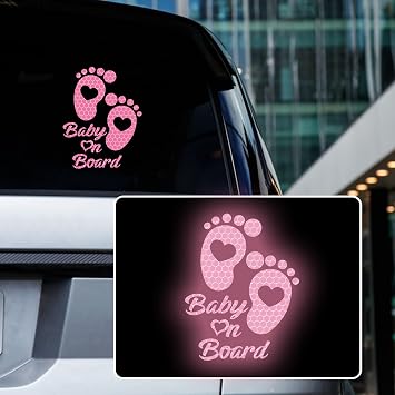 High Intensity Reflective Baby on Board Car Sticker Waterproof Cute Footprint Baby in Car Decal Safety Warning Sign Kids on Board Decal for Car Bumper Window Pink