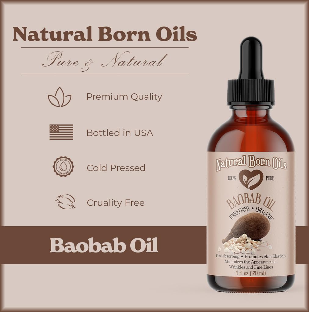 Natural Born Oils Baobab Oil, 8oz, Organic, Cold-Pressed, Antioxidant-Rich, Enhances Skin Elasticity, Strengthens Hair