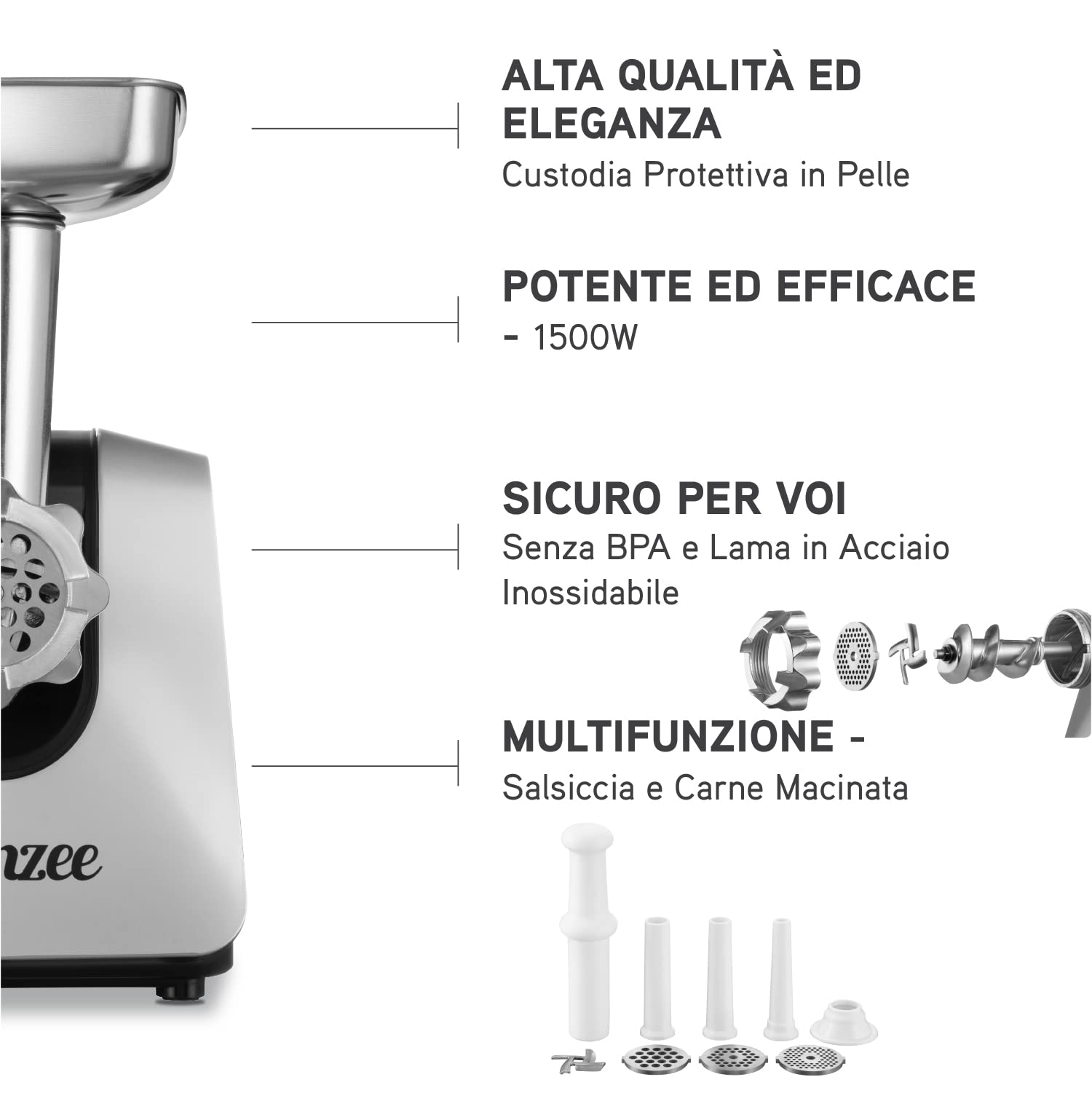 Tritacarne Elettrico 1500W (Nero) - Per Carne e Salsiccia - Robot da Cucina Con 3 Lame e 3 Ugelli - Professionale